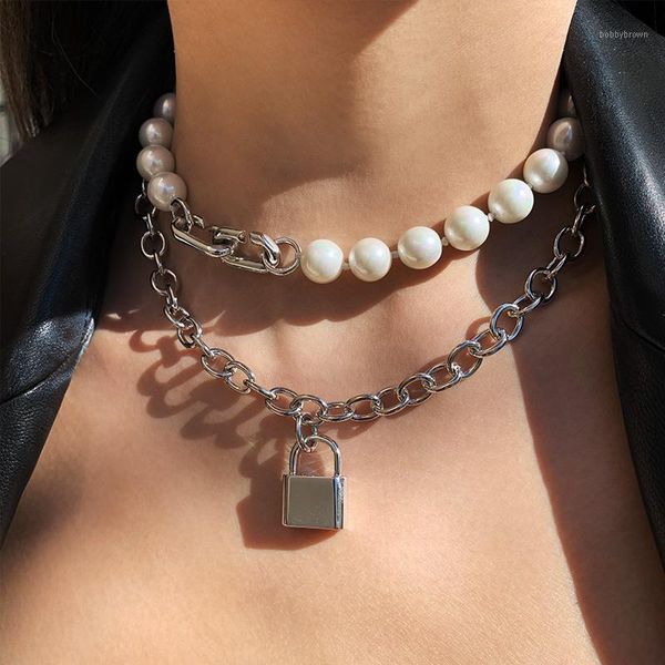 

timeless wonder glam faux pearl lock chains necklace women jewelry punk goth designer trendy ins boho party queen mix 53201, Golden;silver