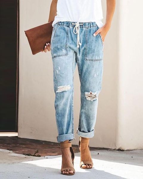 

women's jeans high waist drawstring cutout ripped, Blue