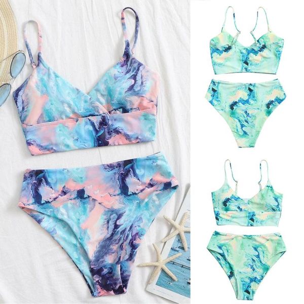 

one-piece suits summer swimwear women push up high cut hight waist bikini set two piece water color swimsuit 2021 ropa mujer