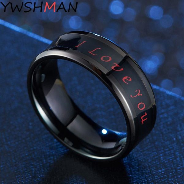 

wedding rings stainless steel 8mm fashion mens black band engagement temperature sensing i love you ring for women gift, Slivery;golden