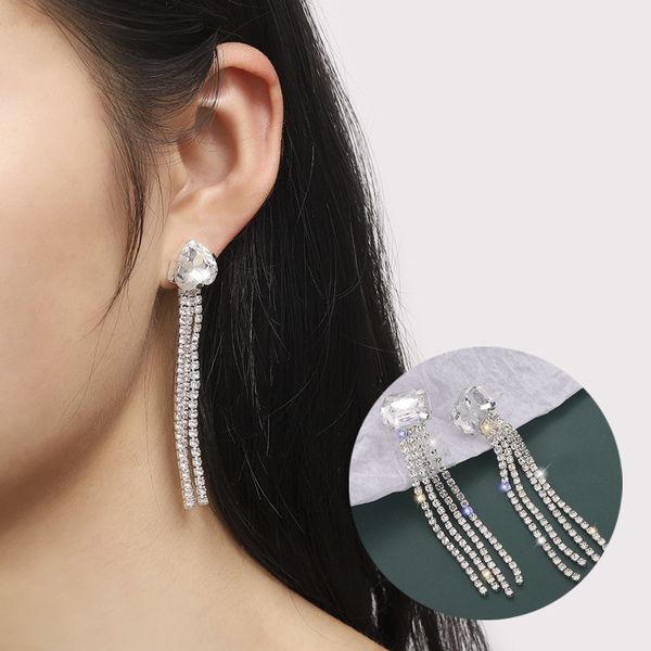 

fashion trend personality new rhinestone tassel earrings women's long temperament geometric earrings, Golden