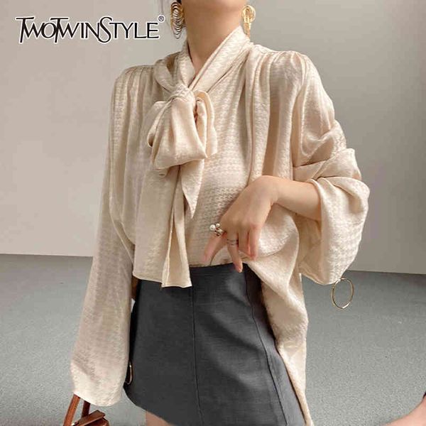 

apricot elegant shirts for women o neck lantern long sleeve lace up casual straight blouses female clothing fashion 210524, White