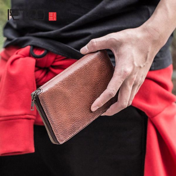 

layer cowhide simple retro wallet, multi-function long card holder, large capacity multi-card wallet wallets, Red;black