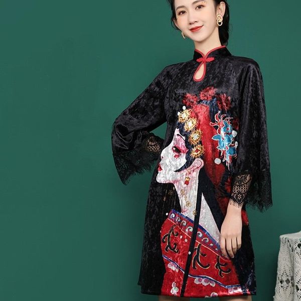

modern chinese dress qipao velvet cheongsam qi pao spring autumn robe vintage femme gothic clothes woman oriental ethnic clothing, Red