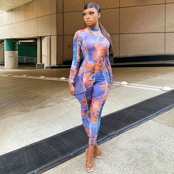 

women's jumpsuits & rompers tie dye printed patchwork fitness long fashion spring 2021 turtleneck sporty wear womens bodycon jumps, Black;white