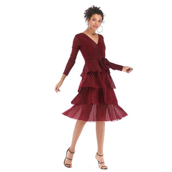 

casual dresses v-neck knee-length dress belt cake slim long-sleeved women spring autumn female vestidos, Black;gray