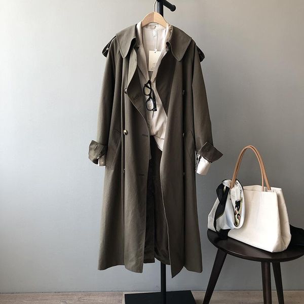 

women's trench coats korean elegant mid-length army green coat double breasted loose casual spring autumn windbreaker plus sashes, Tan;black
