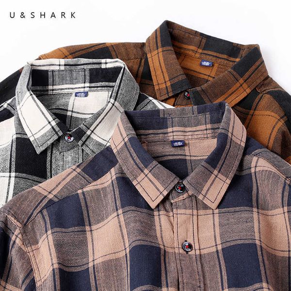 USHARK Camicia a quadri vintage da uomo a maniche lunghe in flanella Camicie casual a quadretti nere Chemise Homme Uomo in cotone di alta qualità Marrone 210603