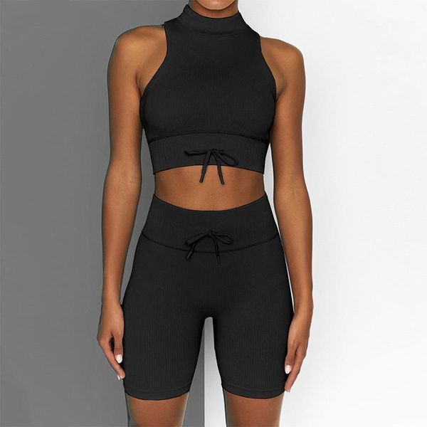 

yoga outfit 2pcs solid set women elastic workout sport suit sleeveless gym clothing comfortable crop sweat shorts dancing tracksuit