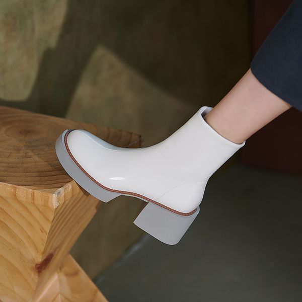 

boots 2021 winter women shoes patent leather platform chunky solid high heel for 1k5r, Black