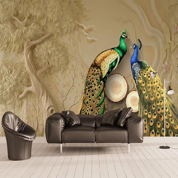 

wallpapers custom mural 3d stereoscopic relief big tree peacock background po wallpaper for living room bedroom study home decor