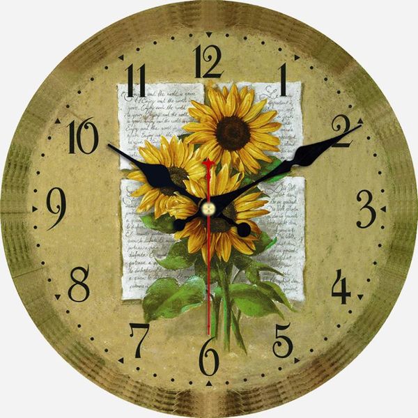 

wall clocks sunflowers wooden vintage round clock, 14 inch battery operated desk hanging clock for home office school flower