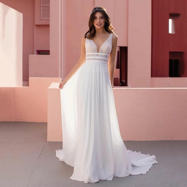 

other wedding dresses bayika elegant a line lace chiffon beach dress deep v-neck illusion back bridal gowns with buttons customized, White