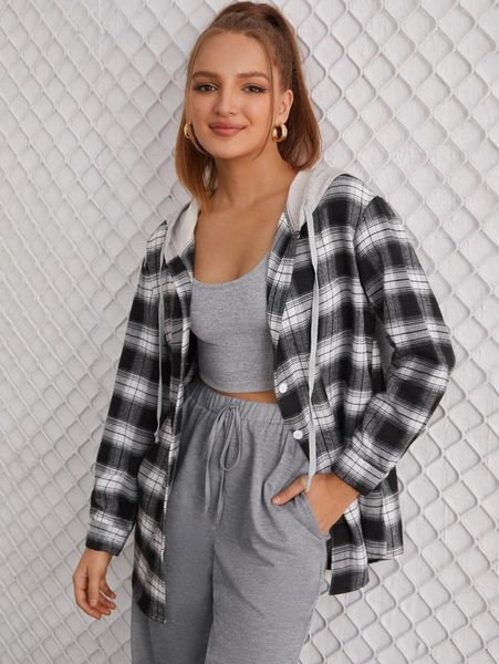 

plaid print drawstring hooded blouse k9t6#, White