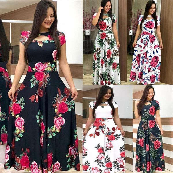 

leosoxs summer elegant maxi women dress casual bohmia flower print robe fashion hollow out lady vestidos plus size, Black;gray