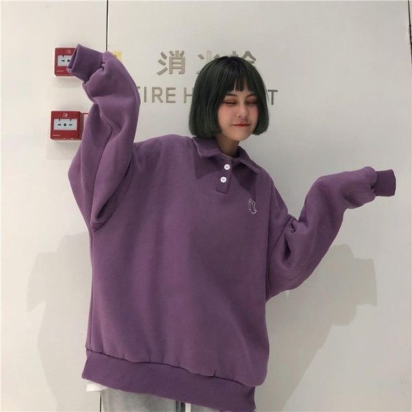 

women's hoodies & sweatshirts women harajuku sweatshirt retro thicker fall korean teens all-match turn-down collar girls clothes simple, Black