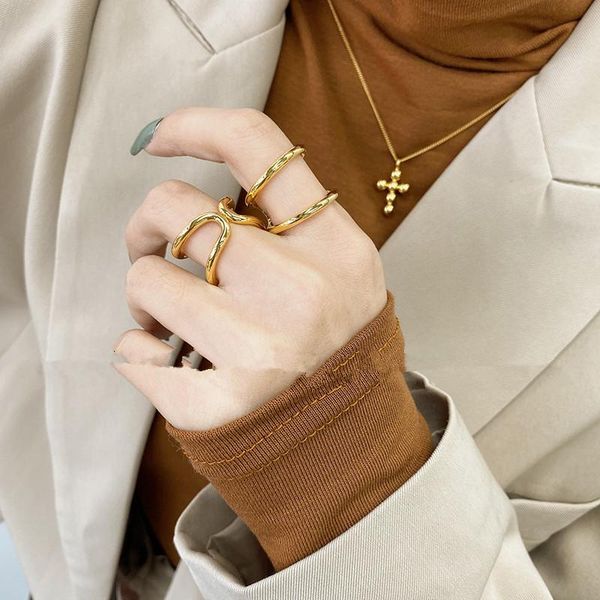

cluster rings fashionable simple metal round double hollow ring retro personality trend adjustable jewelry for women crl2026, Golden;silver