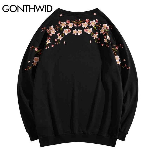 

gonthwid hip hop hoodie streetwear sweatshirt men embroidered cherry blossom flowers pullover 2021 harajuku cotton autumn, Blue;black