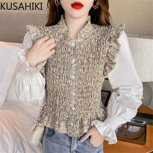 

women blouses floral patchwork chiffon short shirt korean stretch slim spring stand neck flare sleeve blusas 6f384 210603, White