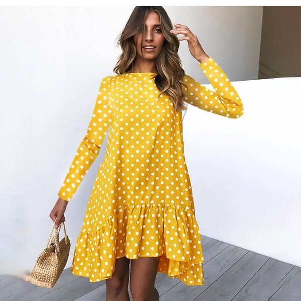 

casual dresses autumn spring for women mini dress fashion loose o-neck long sleeve polka dot ruffles yellow party robe femme, Black;gray