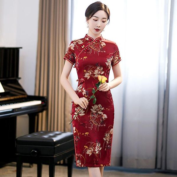 

ethnic clothing estidos satin print qipao slim elegant vintage button evening cheongsams traditional mandarin collar chinese dress banquet g, Red