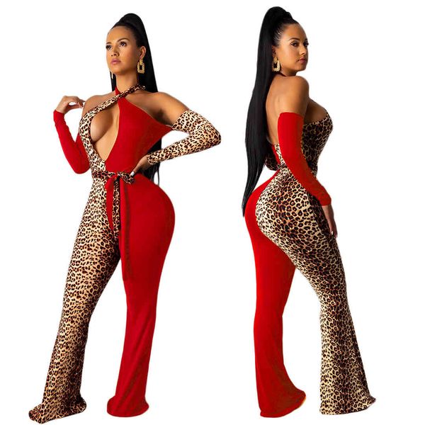 

criss crossed halter leopard women jumpsuits deep v neck long sleeves hollow out backless straight rompers full length autumn, Black;white