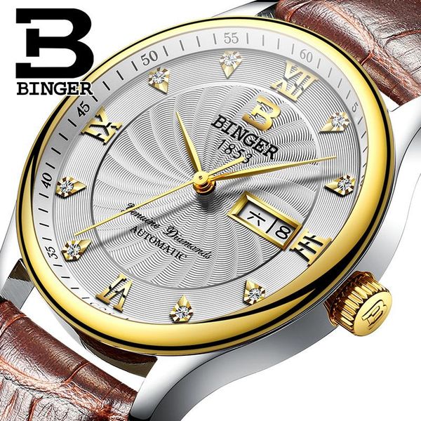 

wristwatches switzerland binger automatic mechanical men's watches waterproof leather strap dual calendar diamond clock b-603m-, Slivery;brown