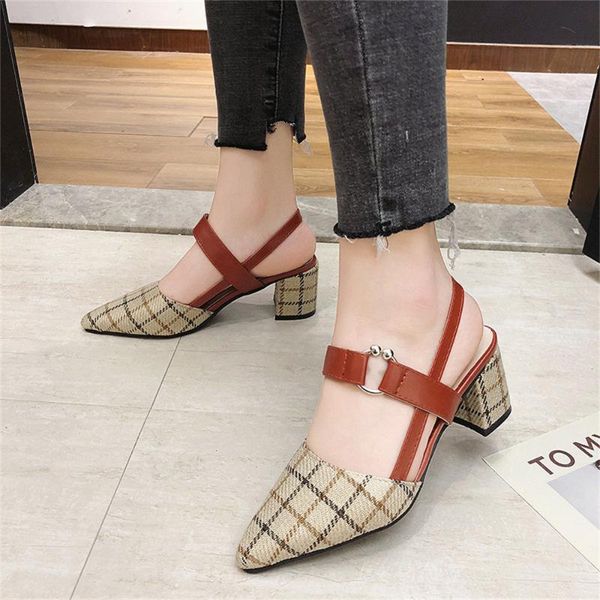 

sandals baotou female fairy wind 2022 spring versatile plaid small fresh high heels women rough shoes, Black