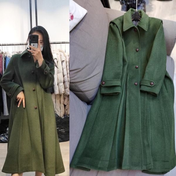 

women's wool & blends 100% green coat women fashion long jacket elegant buttons a-line, Black