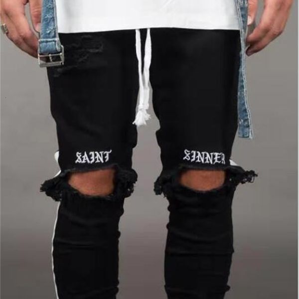 

men's jeans men clothes ny mens stretch denim homme rotos pant distressed ripped freyed slim fit pocket jean trousers ut04, Blue