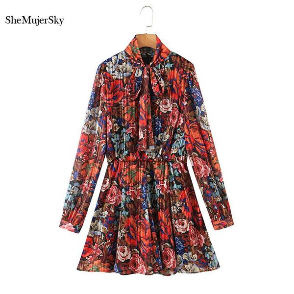 

shemujersky bohemian floral print dress women bow collar long sleeve pleated slim a-line 2021 spring autumn dresses casual, Black;gray