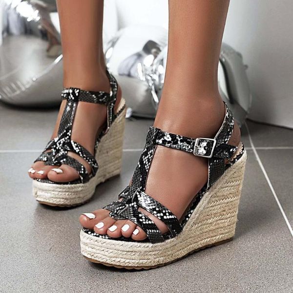 

sandals women snake print summer wedges flip flops buckle strap sandal zapatos de mujer shoes 3.27, Black