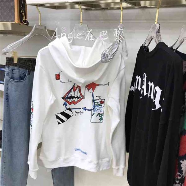 

hooded and graffiti print sweater men's new cartoon women's coats, Black