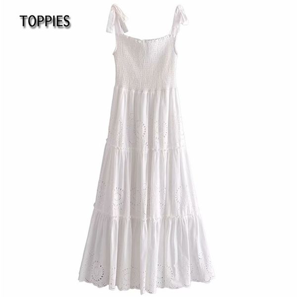 Verão branco algodão maxi vestido vintage bordado oco out férias praia vestido mulher 210421