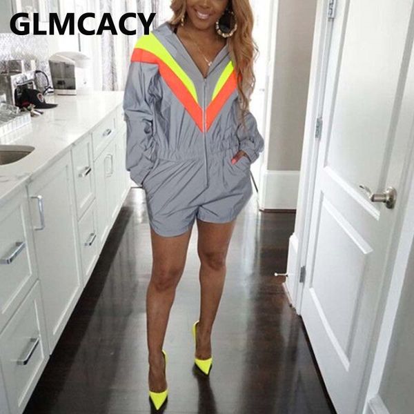 

women long sleeve zipper front hooded playsuit chic streetwear casual rompers 210702, Black;white