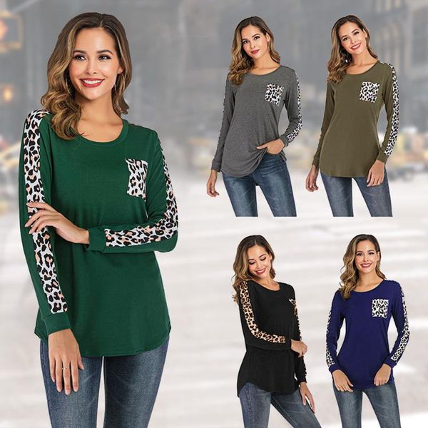 

women's t-shirt women leopard print stitching printed pocket hooded sweatshirt long-sleeved round neck pullover avant-garde spring aut, White