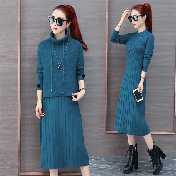 

two piece dress knitting women 2 pieces sets 2021 turtleneck knitted sweaters vest + long sleeve suits, White