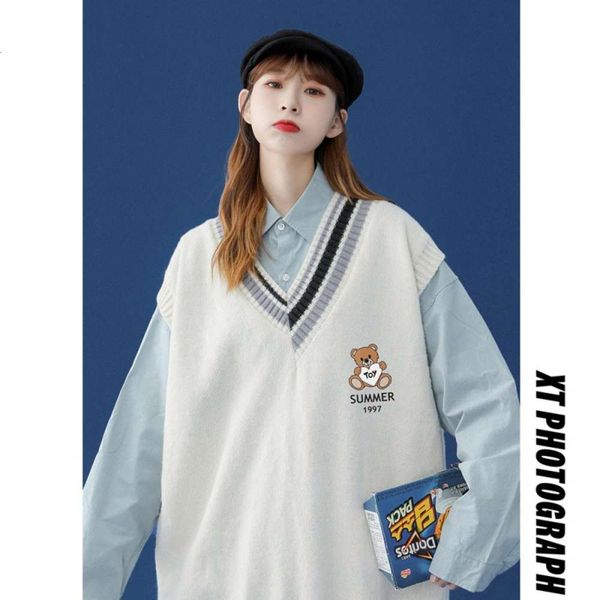 

sweater vest spring and autumn wear gentle wind loose knit v-neck top, White;black