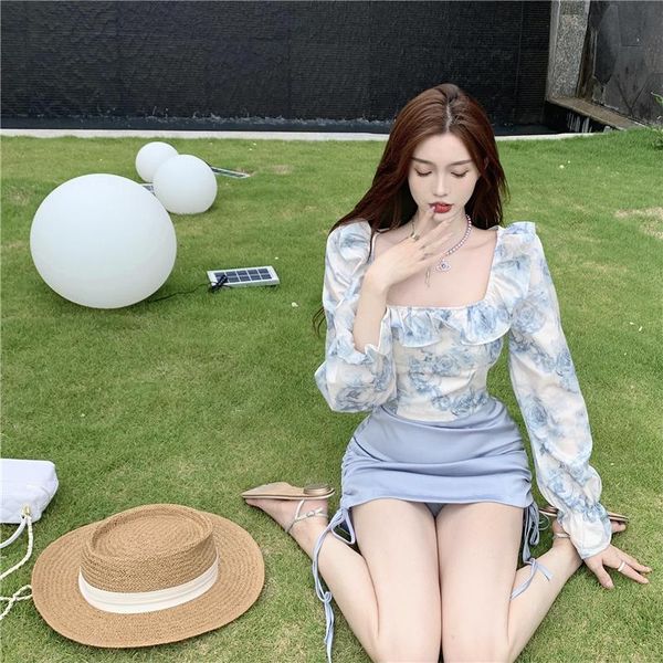 

women's blouses & shirts 2021 country style flounced skirt suit clothing autumn square collar floral chiffon drawstring high waist skir, White