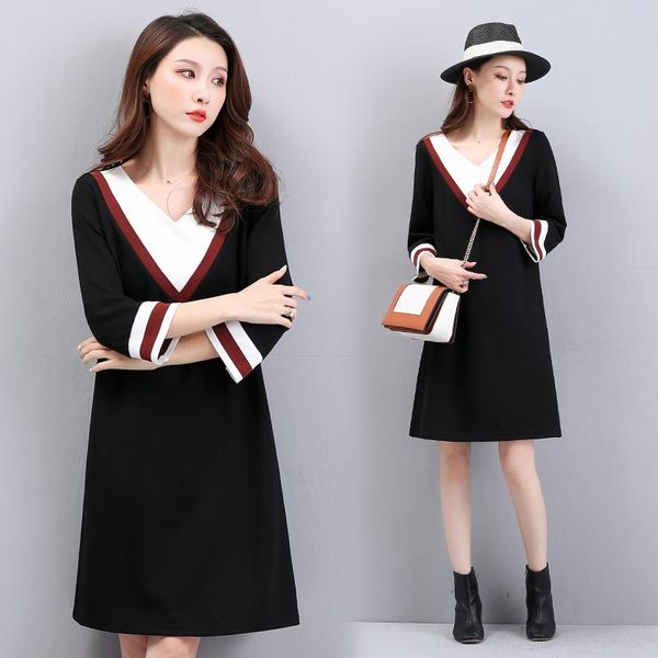 

casual dresses plus size 5xl women dress loose long sleeve v-neck patchwork black midi fashion large knee-length, Black;gray