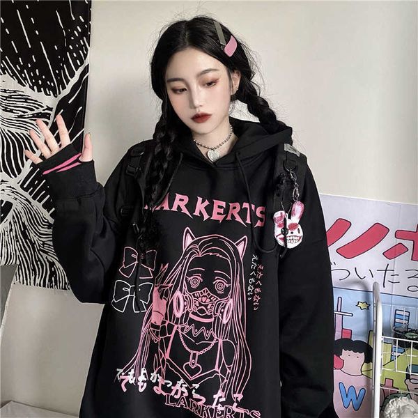 

winter women sweatshirt korean ins dark print loose hooded plus velvet harajuku vintage cartoon 210608, Black