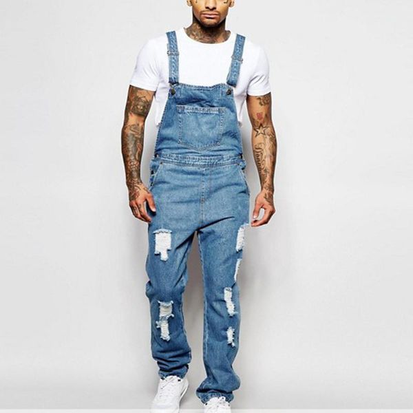 

fashion men jeans ripped hole distressed overalls safari style blue denim pants loose pencil pant full length trousers men's