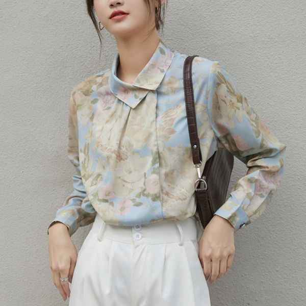 

women's knits & tees vintage floral print korean blouse women long sleeve blusas button up skew collar shirt fall 2021 spring ladi, White