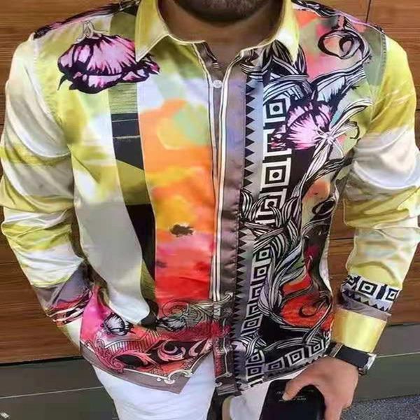 

men's casual shirts punk long sleeve silk satin digital printed shirt single breasted lapel fashion party -3xl, White;black
