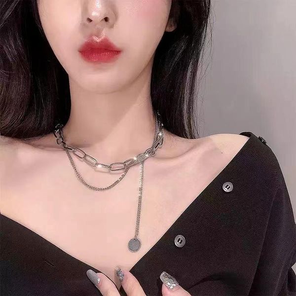 

chains punk double layered chain choker necklace for girl street hip hop jewelry tassel pendant necklaces metal collier, Silver