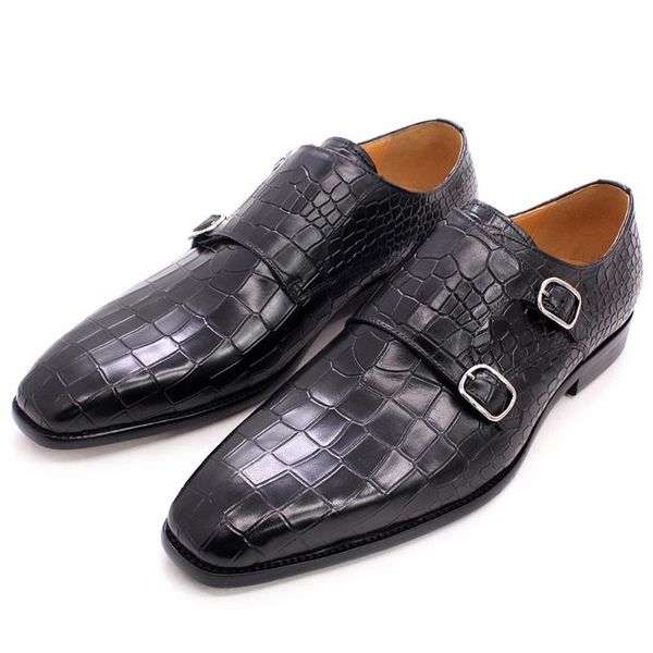 

big size 12 mens monk strap dress shoes genuine leather luxury crocodile print double buckles pointed toe wedding for men, Black
