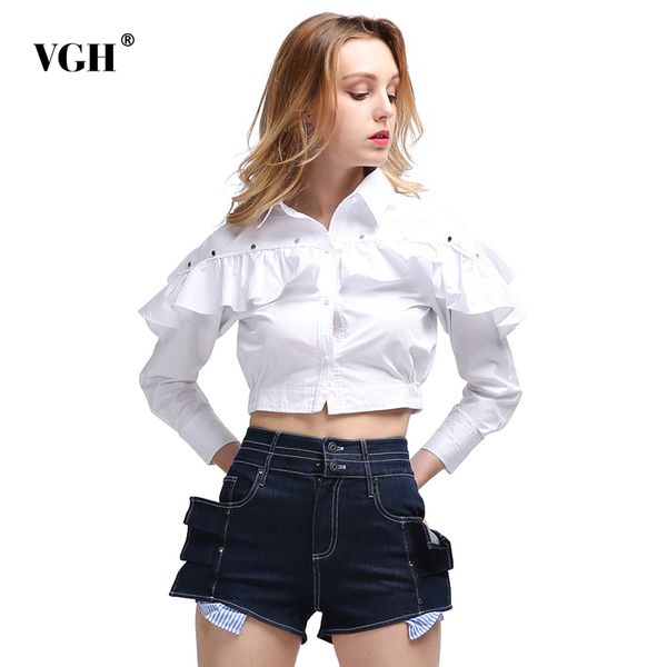

vgh ruffle ruched office ladies elegant shirt for women lapel collar long sleeves crop female spring fashion new 210421, White