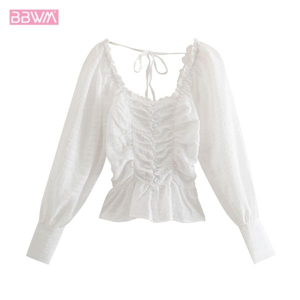 

women spring sweet square collar long sleeve bow halter t-shirt vintage fashion casual slim short chic female 210507, White