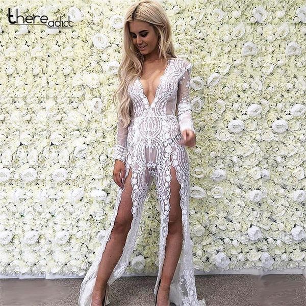 

women's jumpsuits & rompers party bodycon jumpsuit lace embroidery bodysuit women buttons bottom femme long sleeve mesh split leg, Black;white