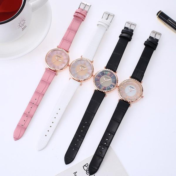 

wristwatches fashion luxury ladies watch shell wrist watches women quartz clock pu leather band round dial for party dress accessory, Slivery;brown